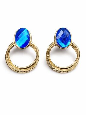 Vintage Gold Tone Blue Statement Earrings Large Oval Faceted Acrylic